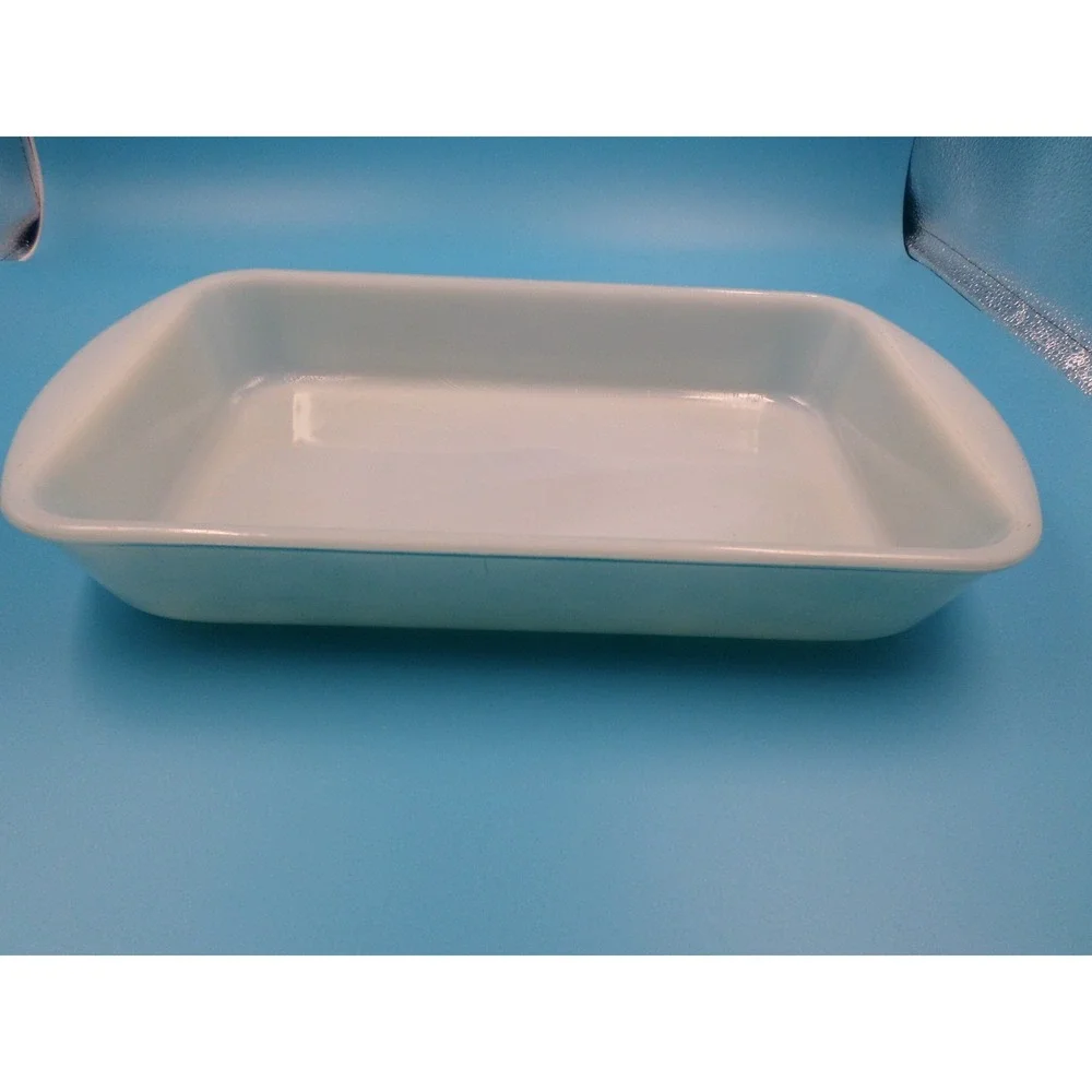 Vintage MCM Aqua Blue Milk Glass Baking Dish pebble glass bottom Glasbake 13x8